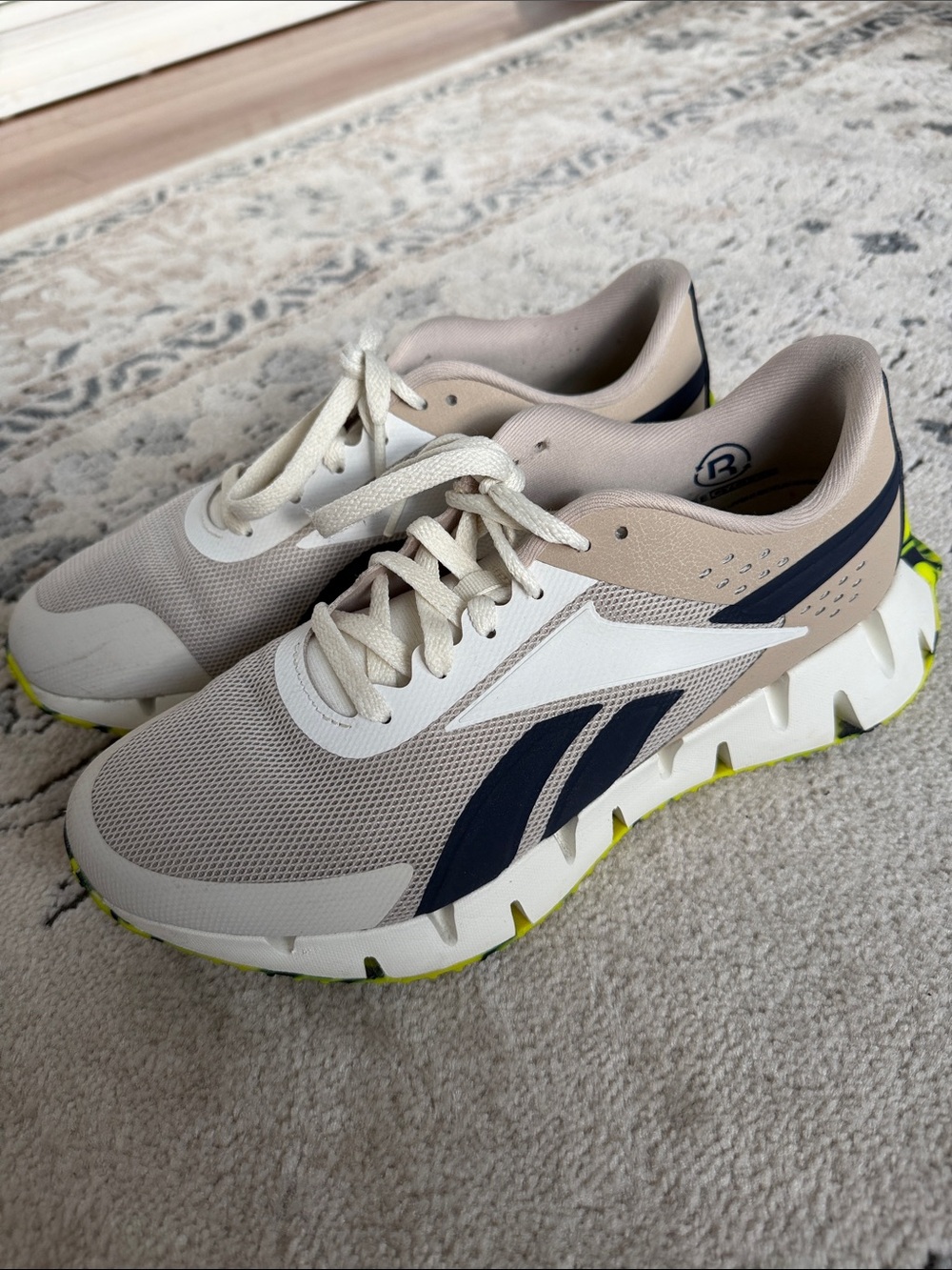 Reebok Zig Dynamica 2.0 Beige, Navy and Lime Athletic Running Shoes